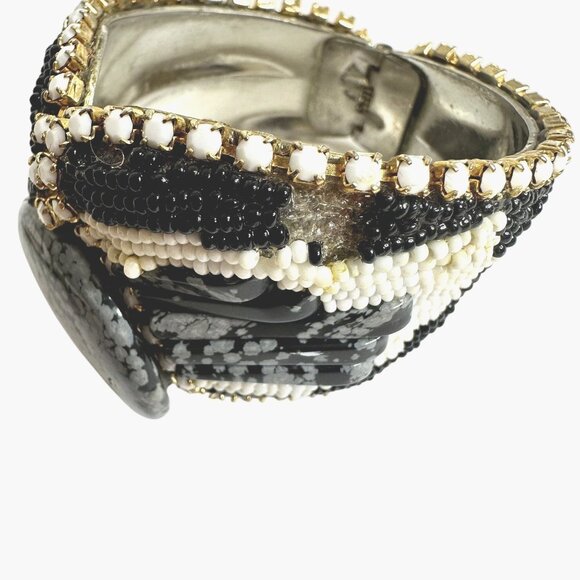 VTG HANSEN Signed 1988 Obsidian Stone Beaded Cuff Bracelet Clip-On Earrings Set - Picture 7 of 16